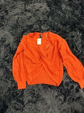 Windsor Orange Twist-Front V-Neck Cable Knit Sweater